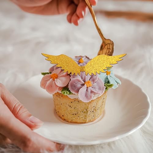 Miniatura 4 de 50 alas doradas de snitch para fiesta de mago, decoración de cupcakes, alas de Snitch Wings Wafer Cupcake Toppers con 50 puntos de pegamento,