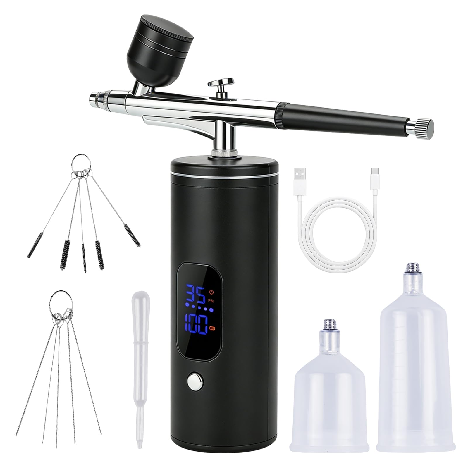 Set aerografo wireless con compressore, 30 PSI, batteria portatile, ricaricabile, pistola aerografo palmare, accessori per la pulizia del trucco, decorazione della torta e modello, nero