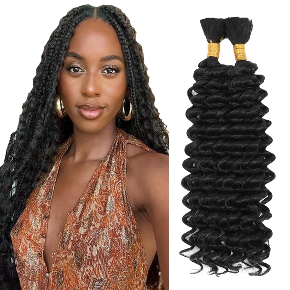 Human Braids Hair #1B Natural Black Color 22 22 Inch Deep Wave Natural Unprocessed Knotless Virgin Human Braiding Hair For Woman 50g/bundle Total 100g