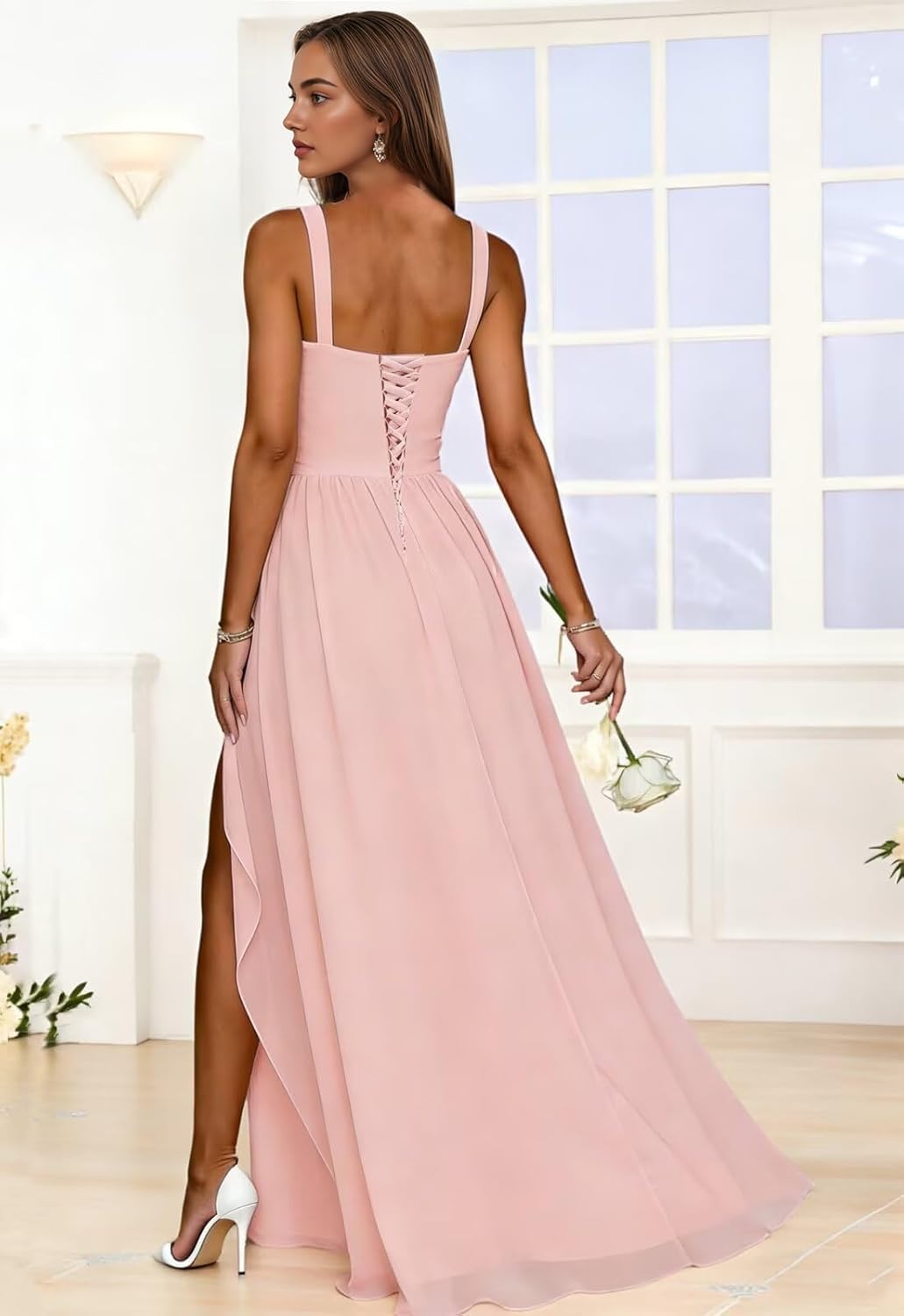 Long Chiffon Ruffle Bridesmaid Dresses with Slit Pleated Evening Dresses for Women