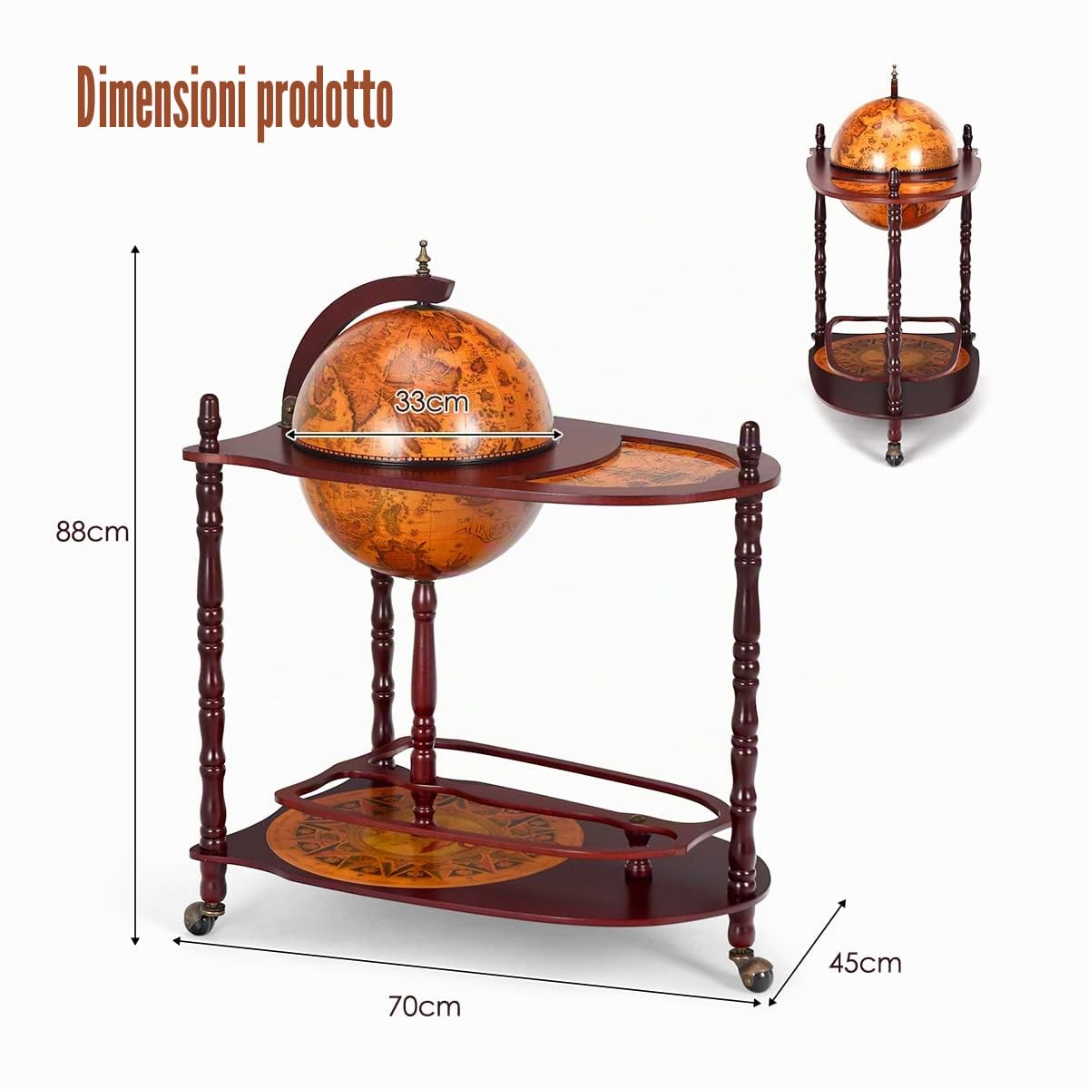KOMFOTTEU Portabottiglie Bar Globe con Ruote, Supporto per Bottiglie a 2 Livelli, Carrello da Bar in Legno, Mobile Minibar per Bevande, per Ristorante, Festa (Marrone, 70 x 45 x 88 cm)