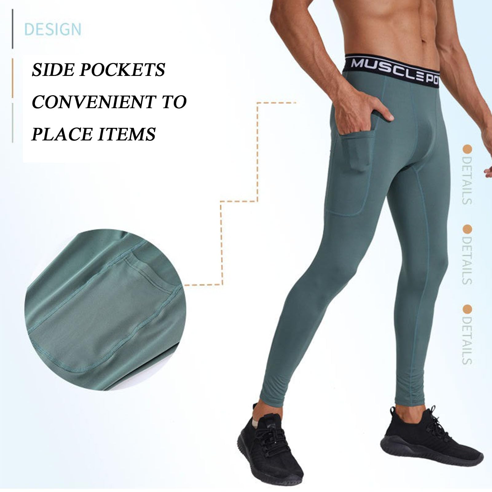 Pantalons De Compression pour Hommes, Leggings Cool Dry, Collants Fonctionnels Respirants, Pantalons De Sport, Collants De Course à Pied avec Poches