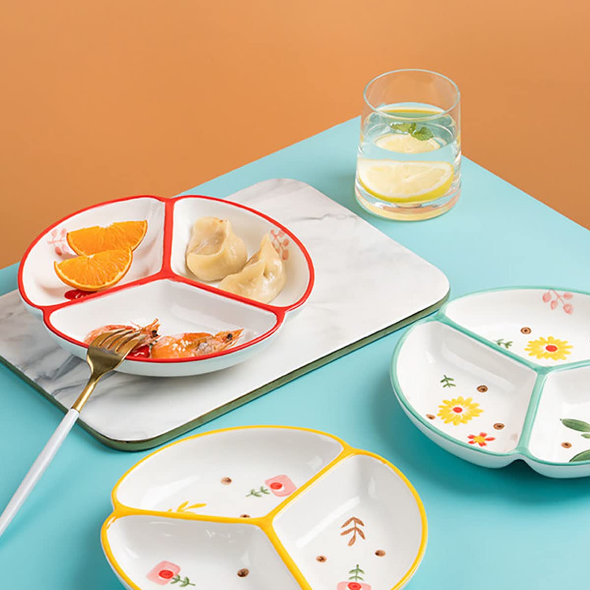 1 x Keramikteller für Portionskontrolle, geteilter Teller, Dessertteller, Salatteller, Speiseteller, 20,3 cm, rote Blume