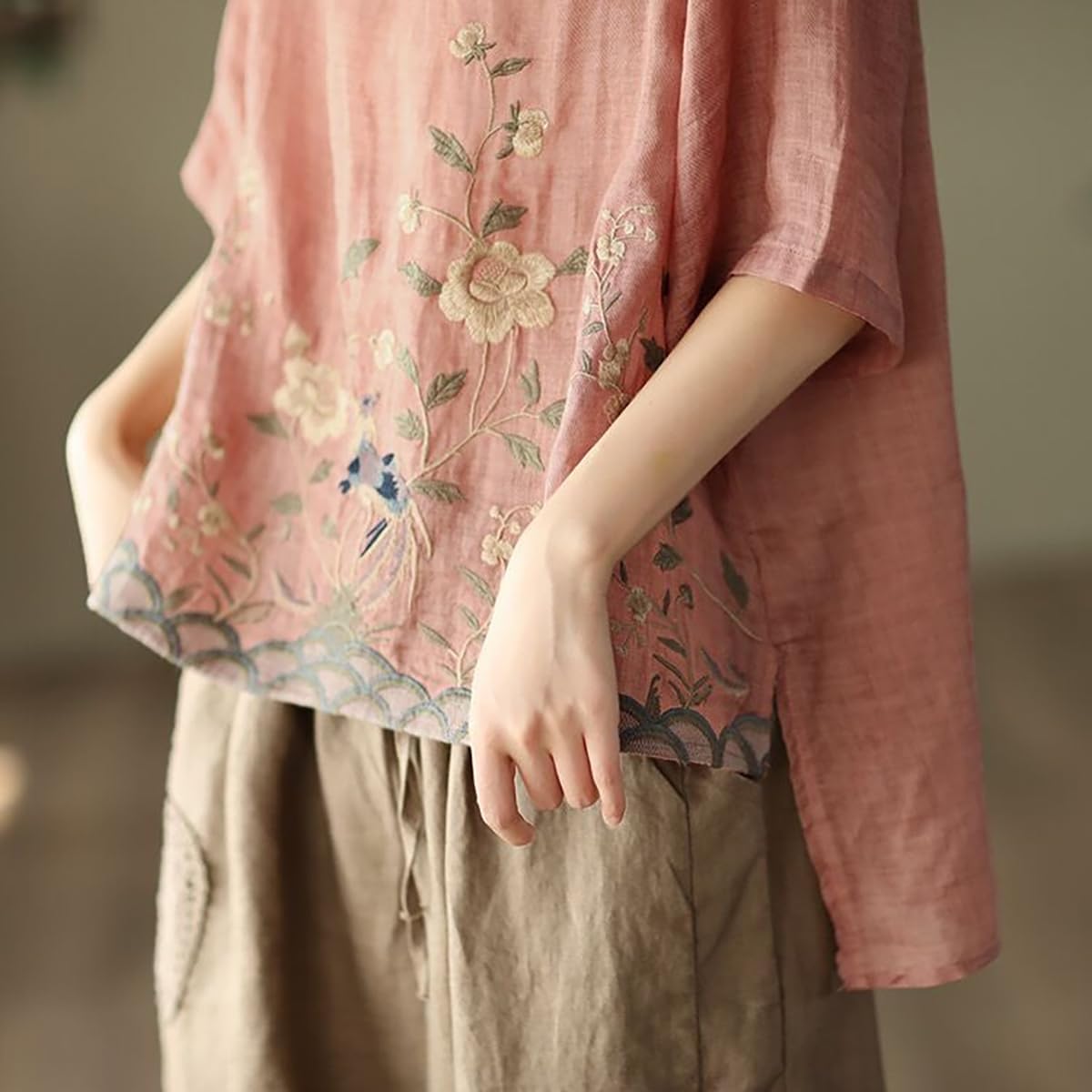 Chinese Retro Shirt, Heavy Industry Embroidered Linen Shirt, Color Blocking Round Neck Pullover T-Shirt - Image 5