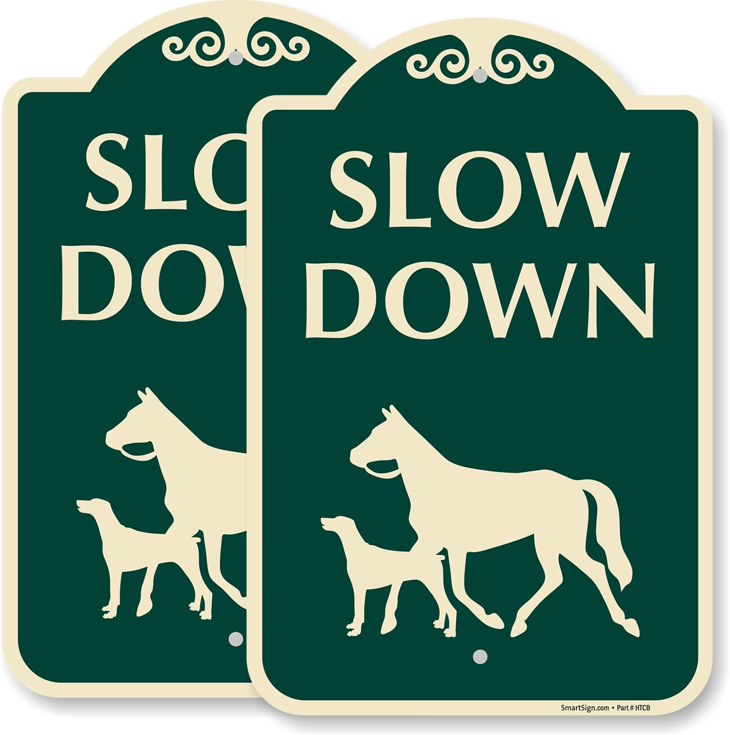 SmartSign Designer "Slow Down" Animal Crossing Sign with Horse & Dog Symbol, 12" x 18", 120 mil Aluminum Composite (ACM) with Overcoat, Engineer Grade Reflective, Green, Made in USA