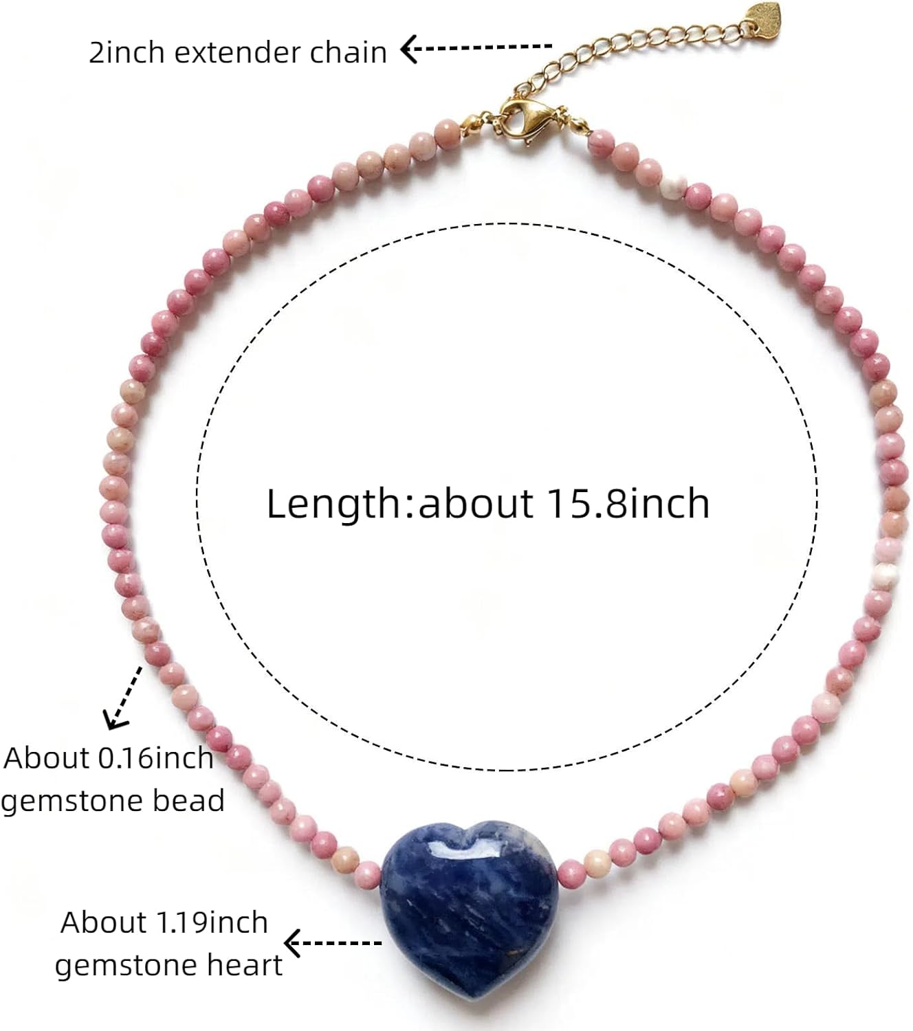 Chunky Heart Pendant Natural Stone Beaded Necklace, 18K Gold Plated Stainless Stone Precious Gemstone Peach Heart Women Bead Choker Jewelry Gift for Birthday Holidays Christmas New Year - Image 5