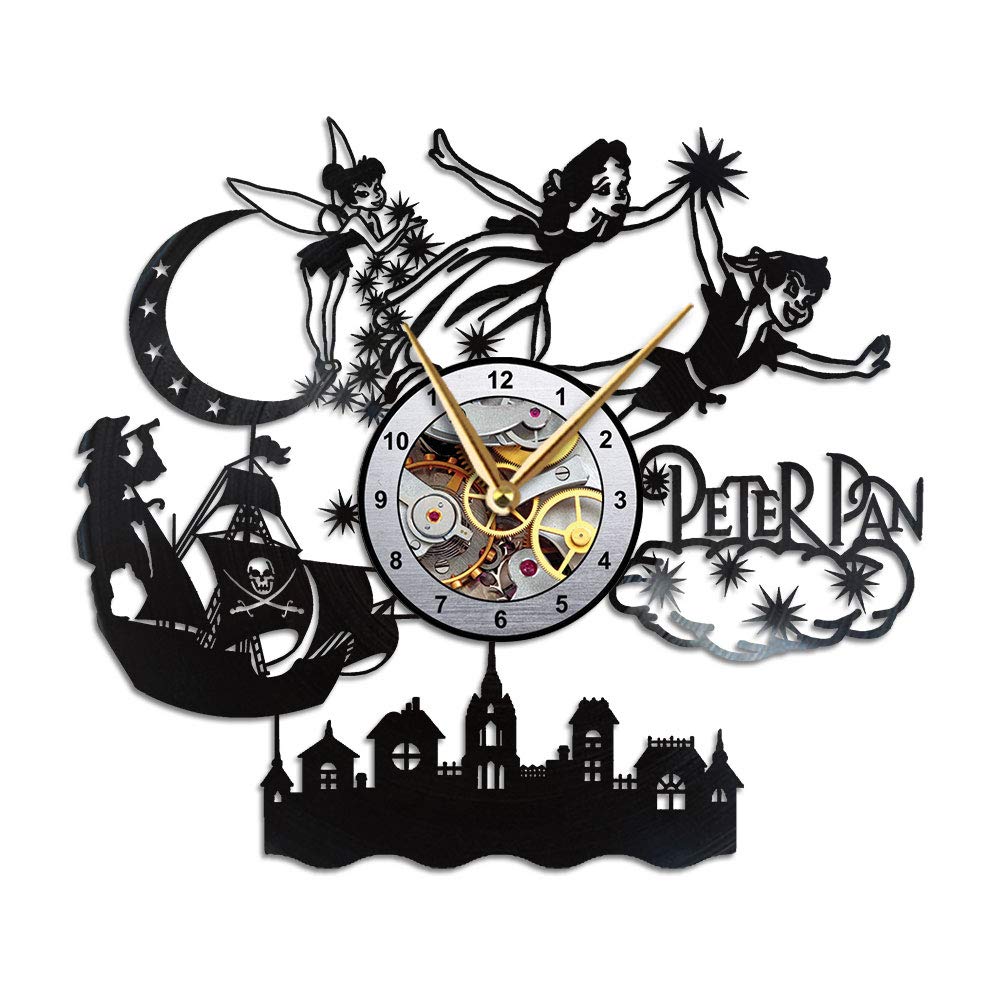 AroundTheTime Peter Pan Clock, Tinkerbell Gift Decor, Neverland, Vinyl Record Wall Clock