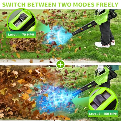 Image of Leaf Blower, Leaf Blower Cordless with 2 * 2.6AH Batteries and Fast Charger, 450CFM &150MPH and 2 Speed Mode, Lightweight Electric Leaf Blowers for Lawn, Yard, Leaves, Dust Care (Blue)