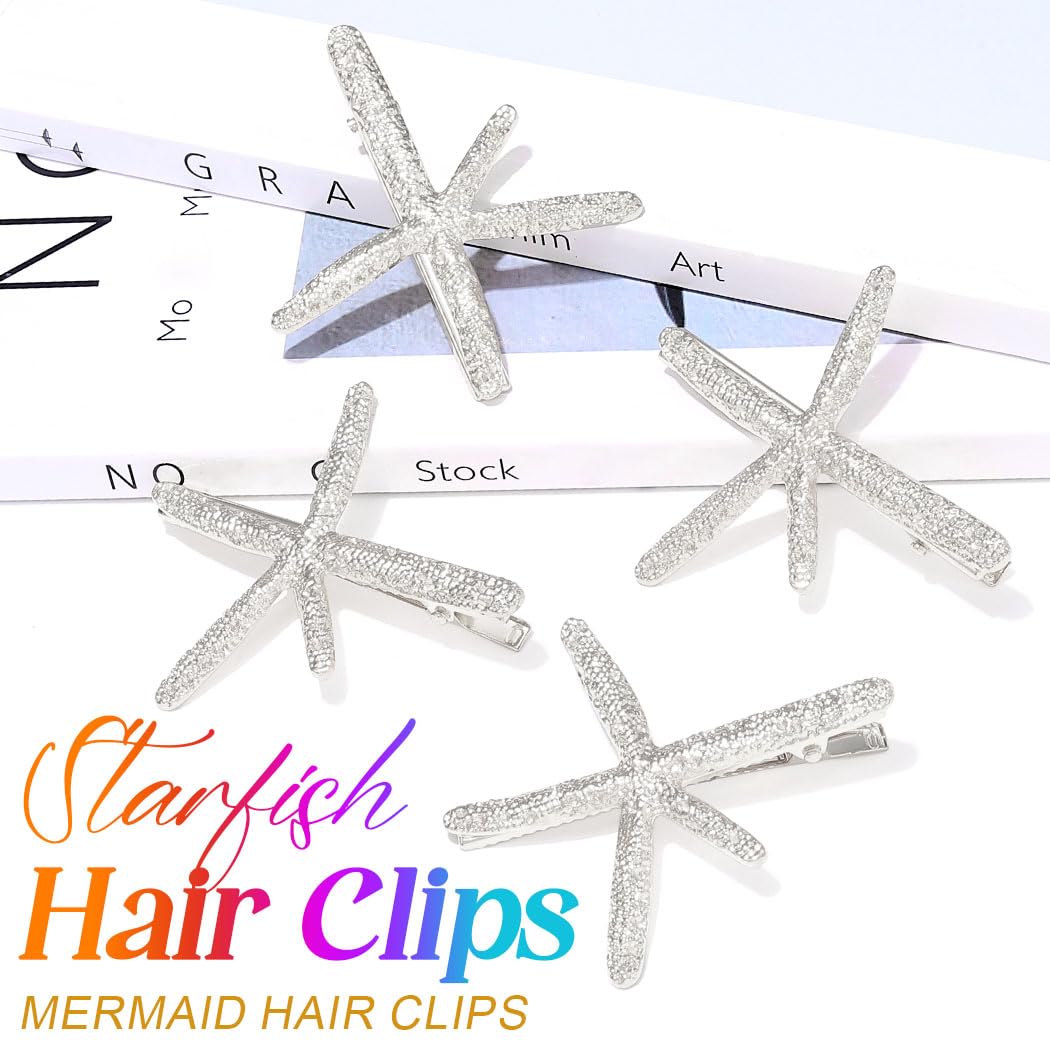 BARTOSI Starfish Hair Clip Silver Mermaid Hair Clips Seashell Hair Accessories for Women and Girls (Pack of 4) - Image 2