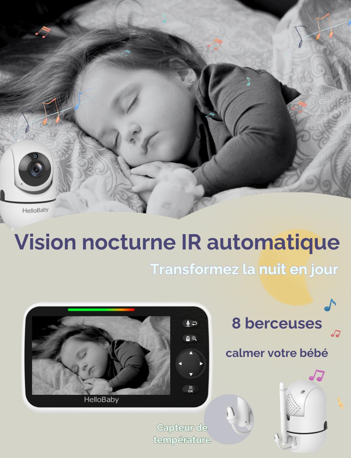 HelloBaby Baby Phone Camera 2 Baby Monitor Monitor Camera 5'' 3500mAh Schermo Diviso Condiviso Baby Phone Video Baby Monitor Senza WiFi, Angoli di Vista a 355 gradi, Visione Notturna, Ninne nanne ECO
