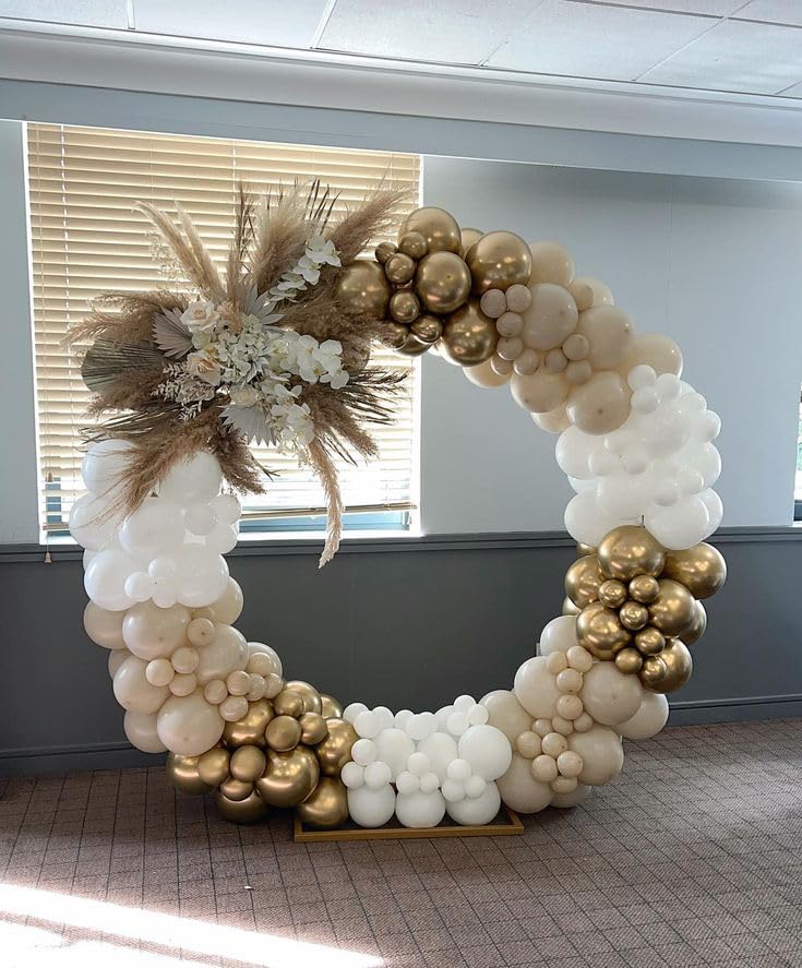 Image of Bliss & Bow Latex Balloon Arch Kit | Sand White, White and Gold Chrome Balloons with Arch Tape, Glue Dots and Happy Birthday Banner for Party Celebration Decor | Ideal Party Decor Set (90 Piece)