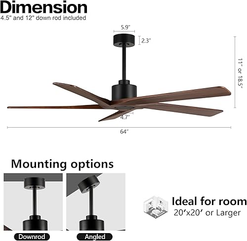 Miniatura 10 de WINGBO Ventilador de techo CC de 54 pulgadas sin luces, 5 cuchillas reversibles de madera maciza tallada, motor de CC silencioso de 6 velocidades,