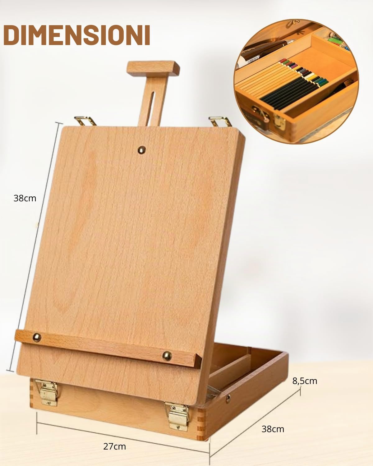 Cavalletto Pittura – Cavalletto da Tavolo in Legno di Faggio con Cassetto Portaoggetti – Altezza Regolabile per Tele Fino a 54cm – Valigetta Portatile per Bambini, Principianti e Artisti
