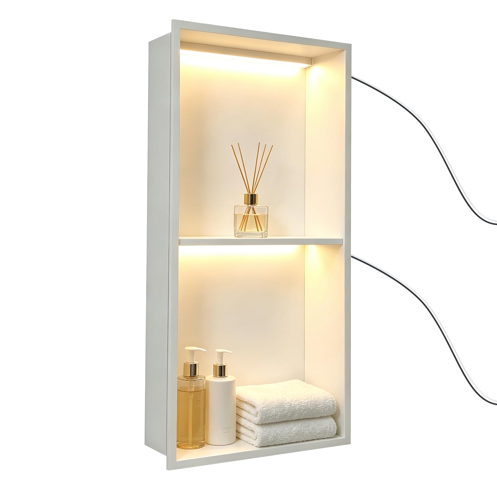 Dwlhap Shower Niche with LED Light, 600 x 300 x 100 mm Stainless Steel Wall Insert, Illuminated Shower Shelf Waterproof Bathroom Storage White