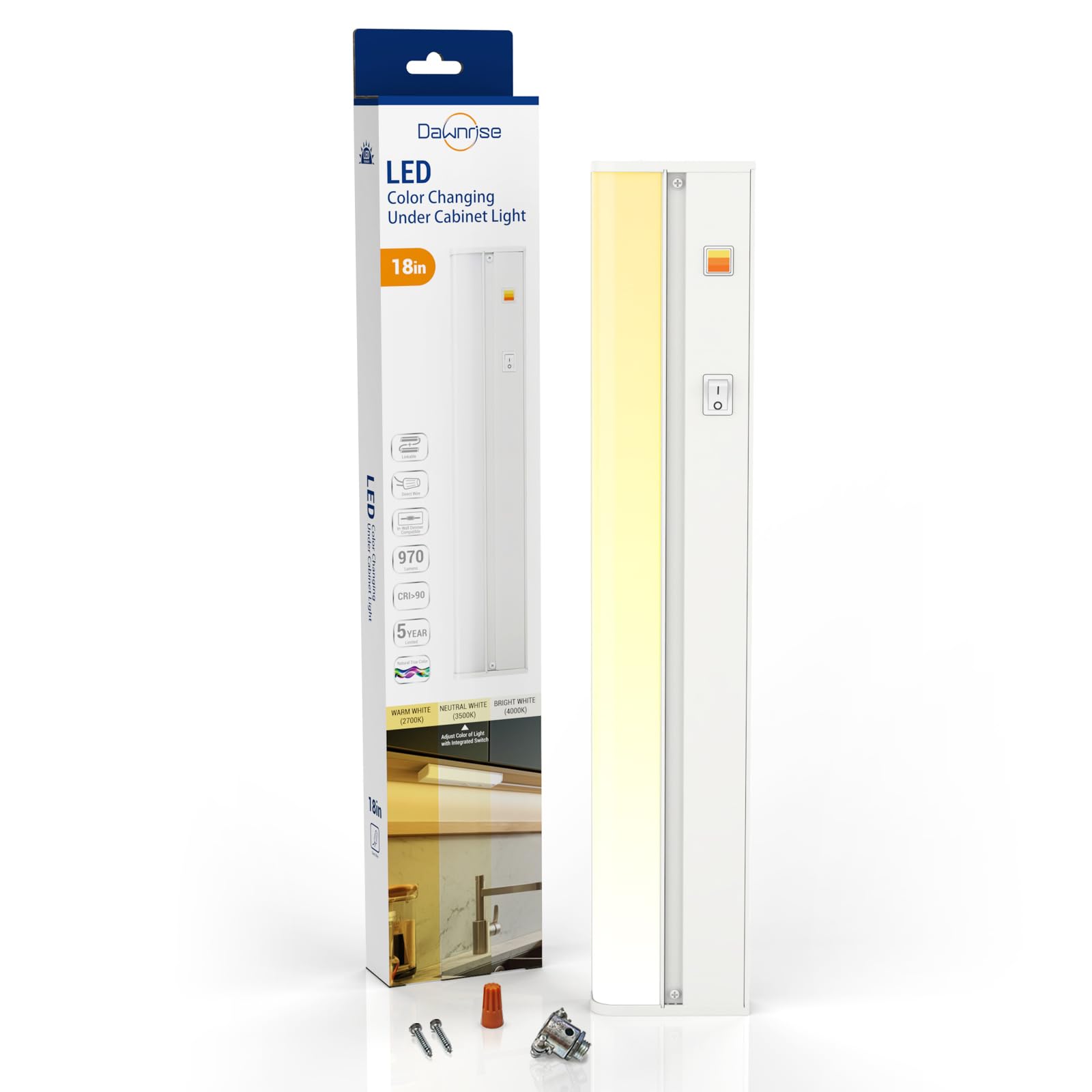 Dawnrise - Luce sotto armadio da 45,7 cm, collegabile, 970 lumen, 3 colori selezionabili, luminosità regolabile, sotto le luci da banco per cucina, superficie ampia e luminosa,