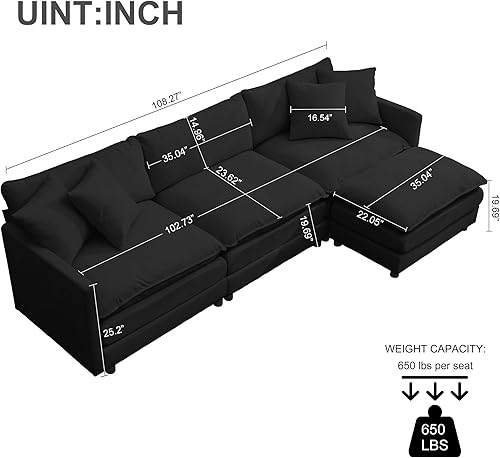 Miniatura 2 de Sofá modular modular de pana de 108.27 pulgadas para sala de estar con 3 asientos, 1 otomana y 3 almohadas, cómodos sofás de nube con otomana móvil,