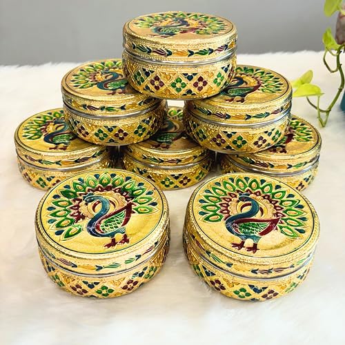 Image of NAVRANG Stainless Steel Meenakari Storage Box /Chapati Box /Roti Box (Pack of 8, Golden, 10.5 x 10.5 x 5.5 cm, Peacock Design)