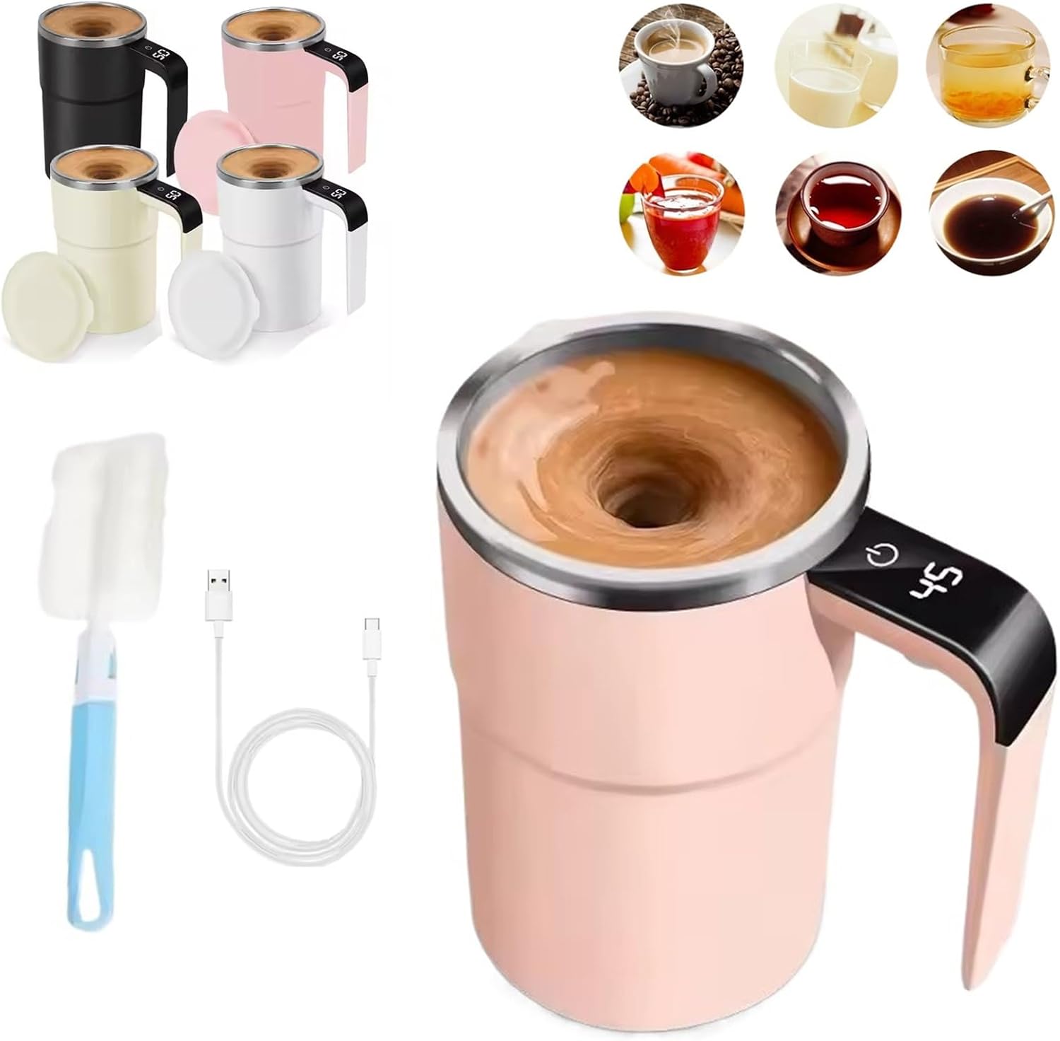 Taza Inteligente Para Cafe, Intelligent Coffee Cup with Lid, Automatic Magnetic Stirring Coffee Mug, Rechargeable Self Mixing Mug with LED Display Temperature for Milk Tea, Office Household(Pink)
