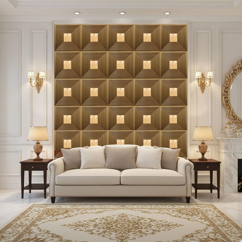 Image of Kayra Decor 3D PVC Wall Panels - Line Design, Mirror Golden Color, 19.7 inch x 19.7 inch (Pack of 12) | Covers 32.28 Sq. Ft. |