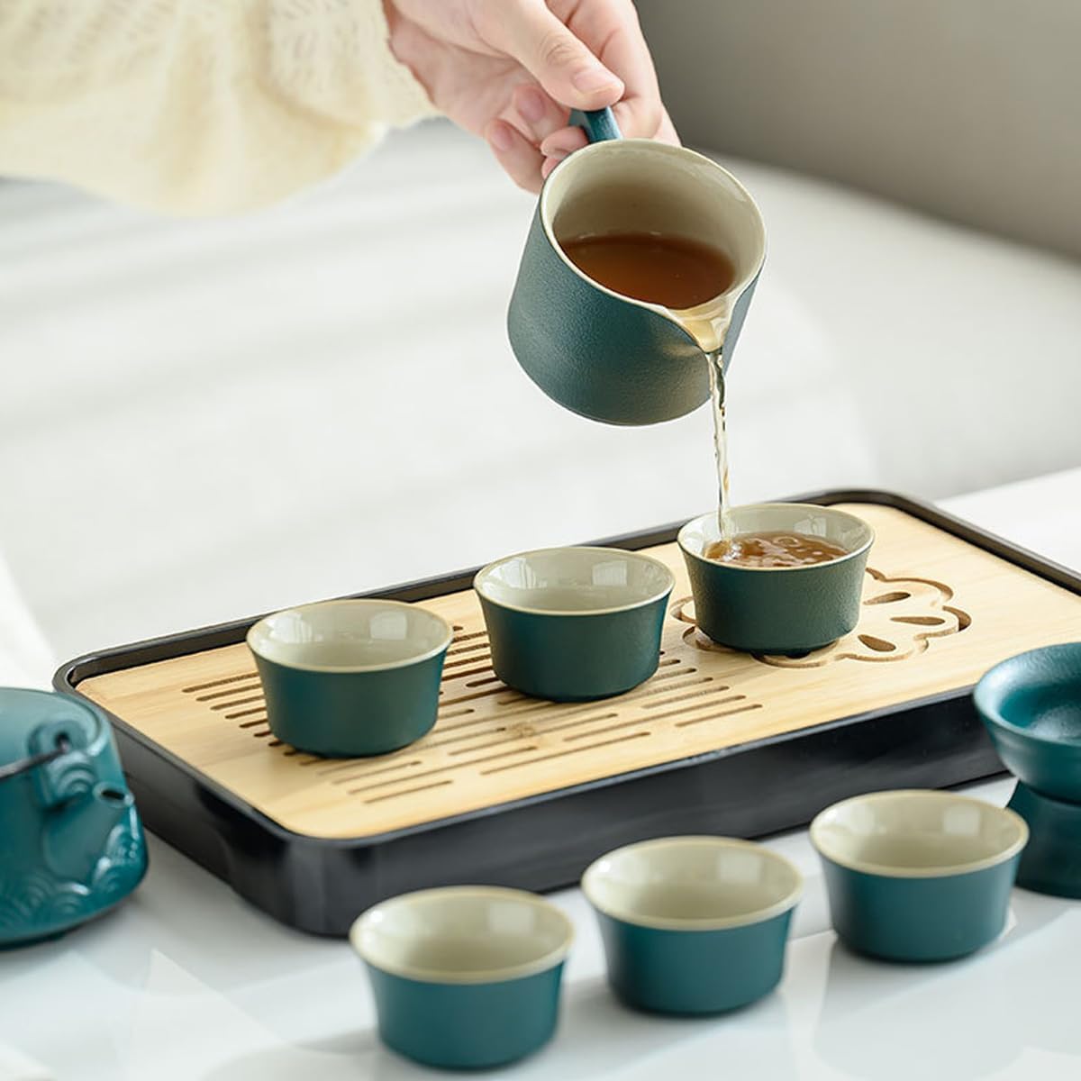 Tetera con colador, juego de té de porcelana, tetera de viaje chino y 6 tazas, mango de cuerda de cáñamo, juego de té para té suelto, regalo para los amantes del té, verde