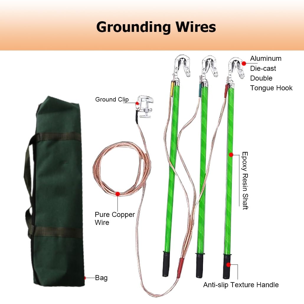 Genérico Cable de Puesta a Tierra de Alta tensión de 10 kV con 3 Varillas/Postes de Puesta a Tierra, Cable de Cobre Blando Transparente de 25 cm² para Salas de distribución eléctrica (Amarillo,
