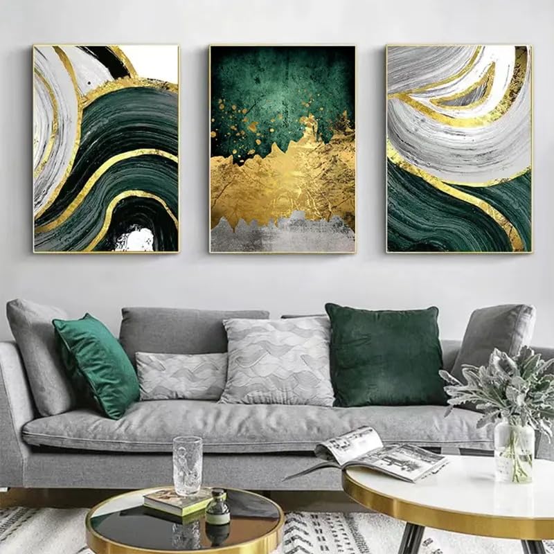Affiches sur toile pour chambre à coucher et salon triptyque vert doré chic - 2