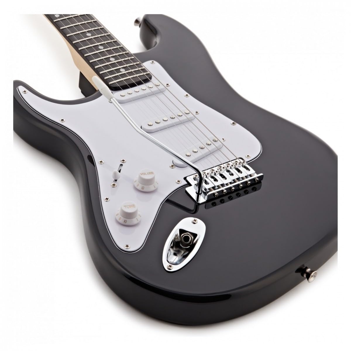 Chitarra elettrica completa per per mancini Serie LA di Gear4music, nero | Mancina e Pronta a Suonare, Manico Acero Liscio con Corpo Leggero in Paulonia, Tre Single Coil, Borsa, Nero