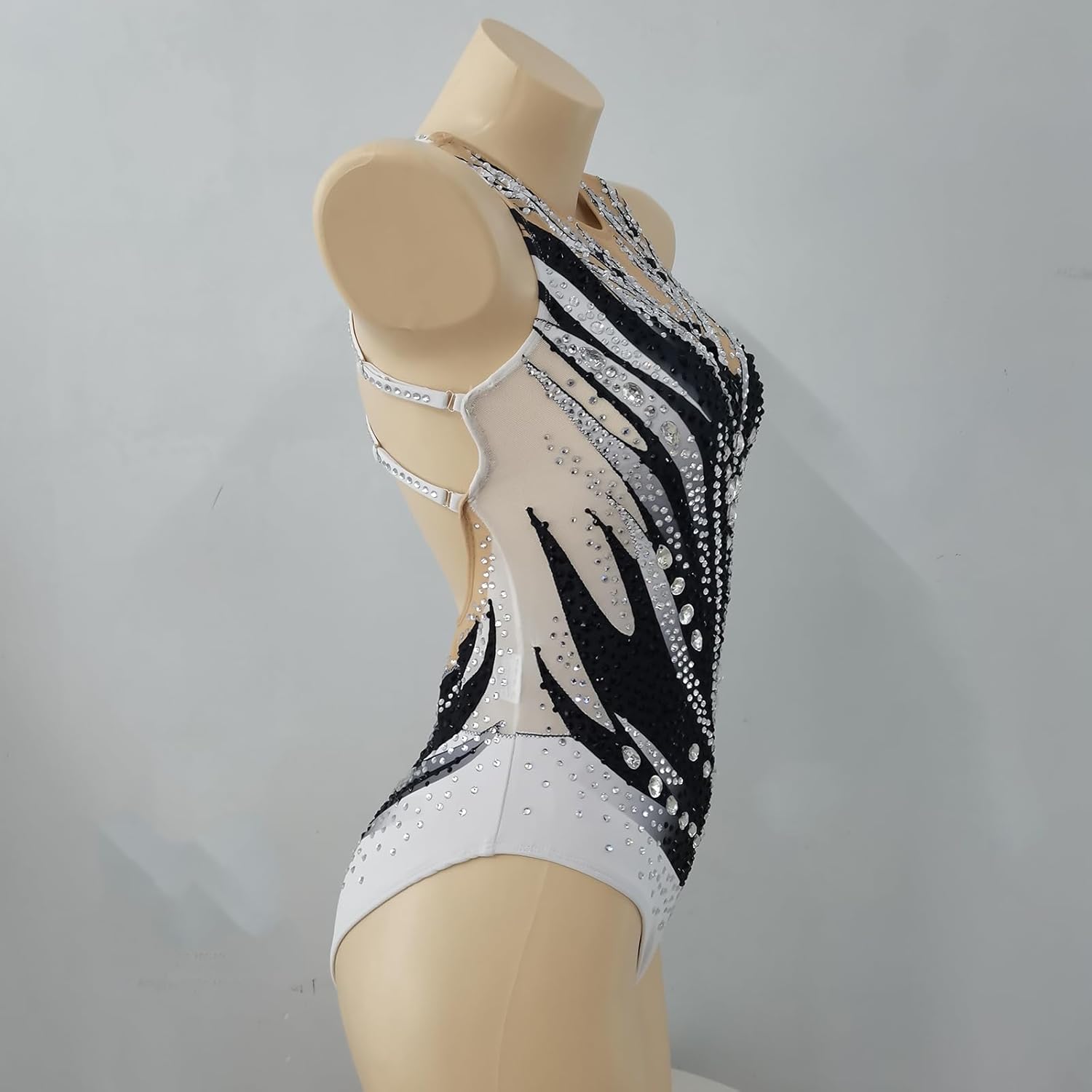 Girls' Black and White Synchronized Swimsuit Shiny Professional Customized Competition Costume