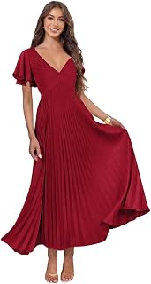 Flutter Sleeves Satin Bridesmaid Dresses for Wedding Tea Lengtth V Neck Fall Formal Wedding Guest Dress