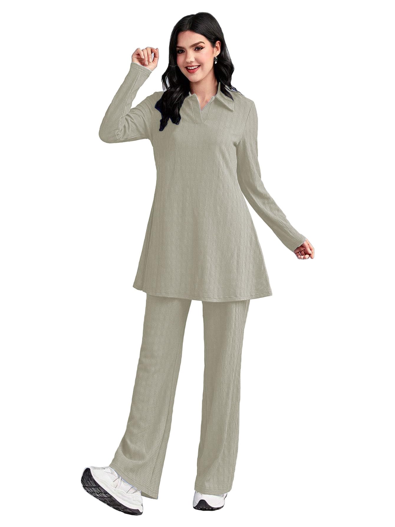 Tadkee Women's Polyester Solid Color Two-Piece Set | Long Sleeve Top & Wide Leg Pants Co-Ord Set | Casual Wear Co Ord Set (Fn-Full-Sleeve-Cord-125-Cream-L)
