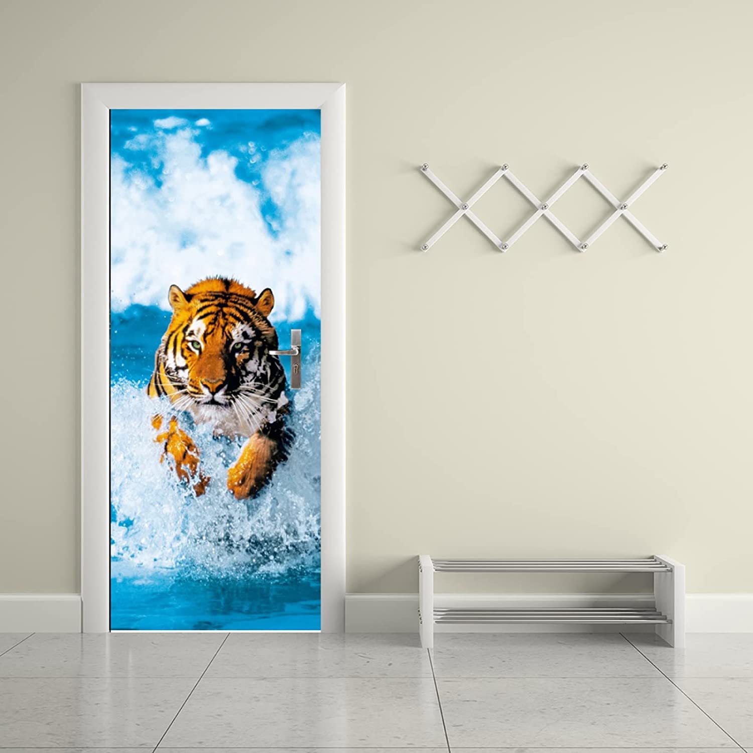 3D Door Stickers Self-Adhesive Wall Murals Peel and Stick - Animal Water Tiger - Vinyl Waterproof Door Decals Wallpaper for Bedroom Living Room Door Decoration 77 X 200 Cm - Boys and Girls Room Door