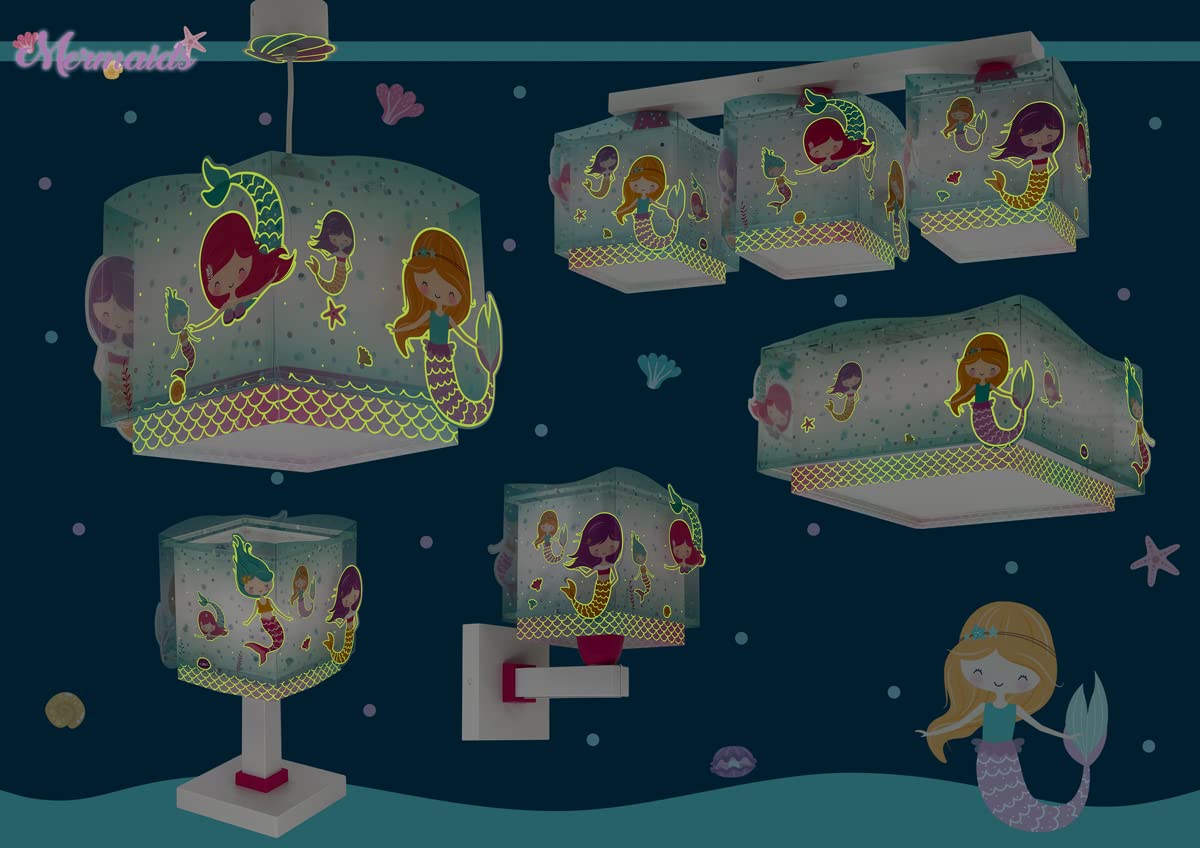 Dalber - Lámpara de Techo Colgante Infantil Mermaids Sirenas | Iluminación Decorativa | Ambiente Mágico de Sirenas, Turquesa, Lámparas infantiles, con fluorescencia.