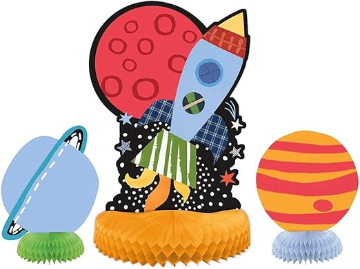 Unique Outer Space Adventure Assorted Honeycomb Centerpiece Decorations (Pack of 3) - Paper Rocket, Alien, Planet, Stellar Party Decor for Cosmic Celebrations & Kids Birthdays