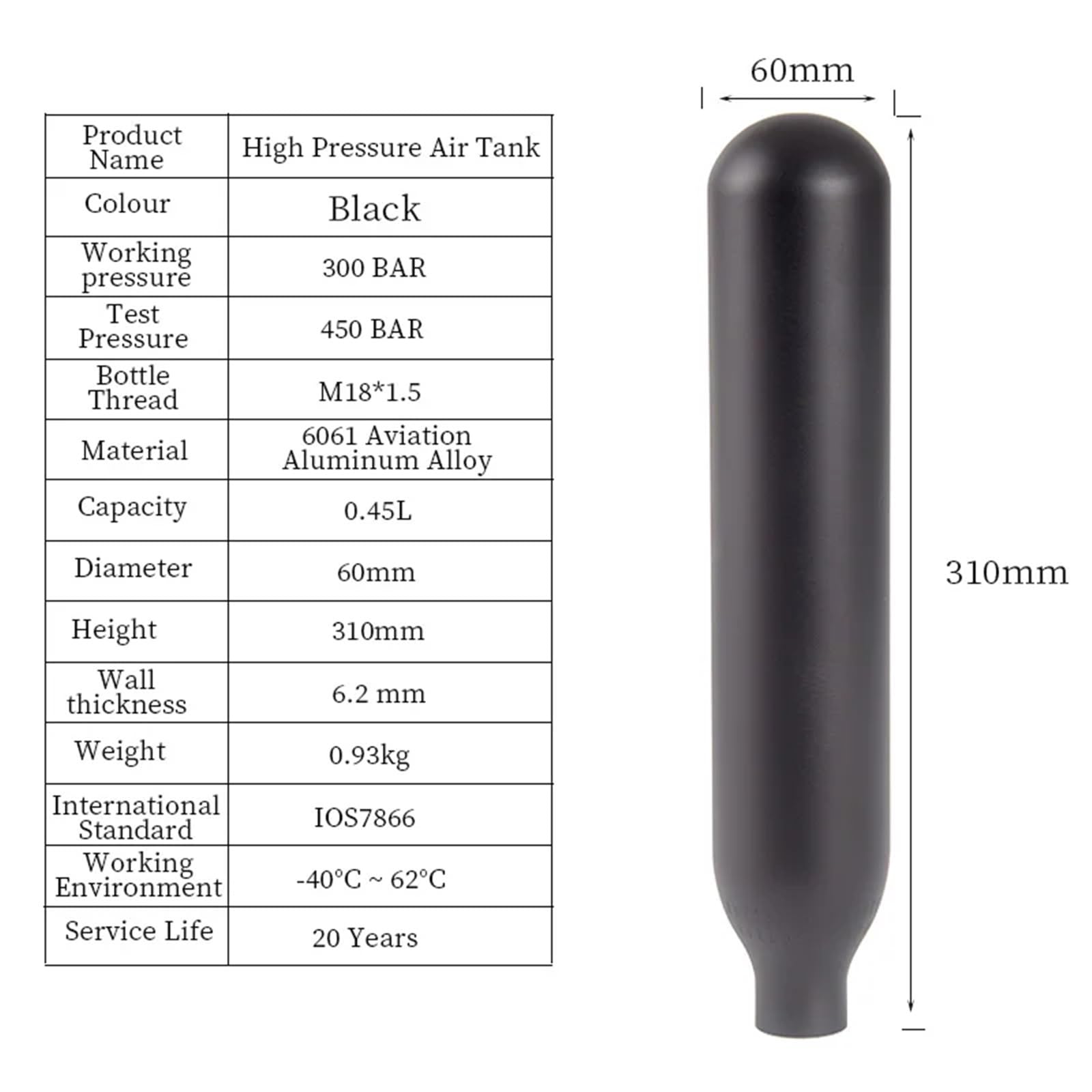 1 pcs 300BAR 4500PSI 0.22/0.3/0.35/0.45L Réservoir d'air en Aluminium Accessoires Souples Compresseur Bouteille de gaz CO2 Cilindro for Aquarium de plongée(0.22 L)