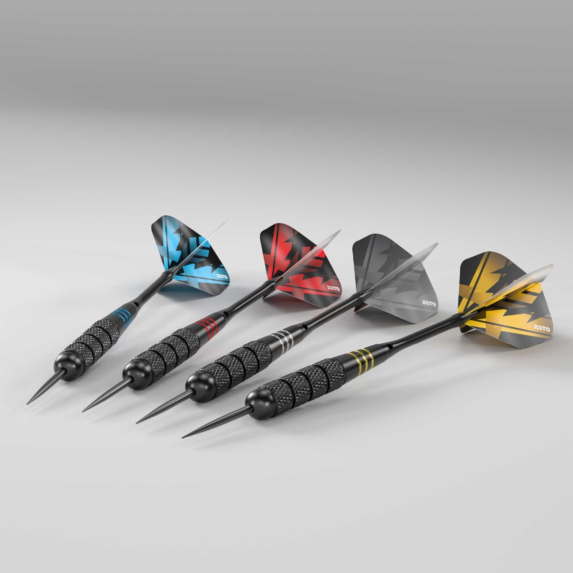 KOTO darts KOTO Multi Set de fléchettes en laiton avec 4 jeux de fléchettes en laiton avec revêtement noir (23 grammes), 4 jeux d'ailettes (100 microns) + coffret de transport en aluminium noir - 4