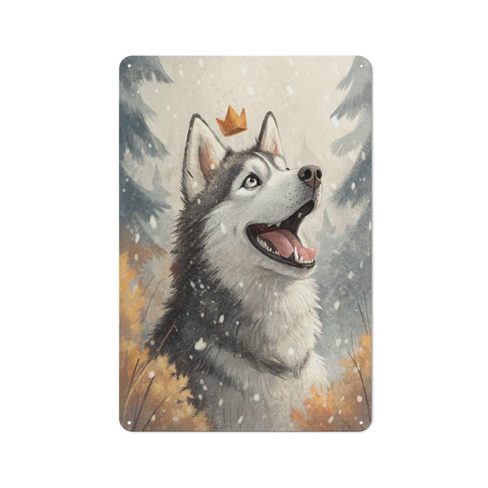 Junmoney Style-8 Metal Plaque 30X20cm With Crowned Husky In Winter Forest For Pub Or Café, Vintage Decor, For Vintage Wall Decor Fans, For Metal Sign Collectors