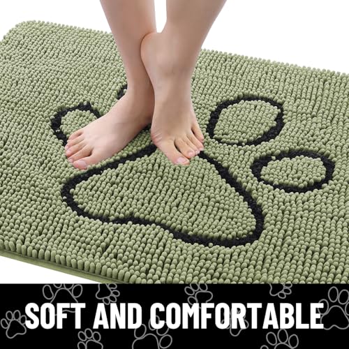 Image of Smiry Dog Door Mat for Muddy Paws, Absorbent Dirt Trapper Non Slip Quick Dry Washable Chenille Mat for Mud Dogs, Entry Rug for Indoor and Outdoor (30x20 Inches, Sage Green and Black)