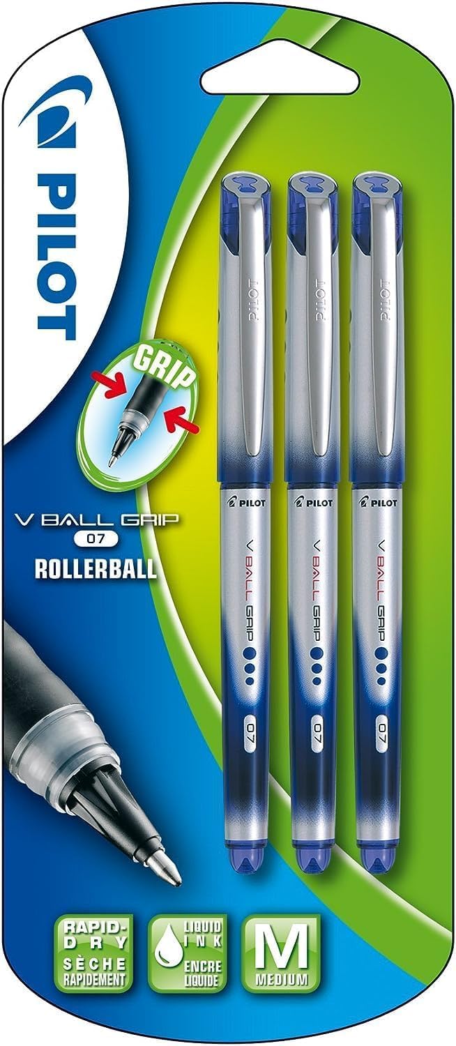 PILOT V Ball Grip Rollerball Pens Medium 0.7mm tip Blue Ink - Blistercarded 3