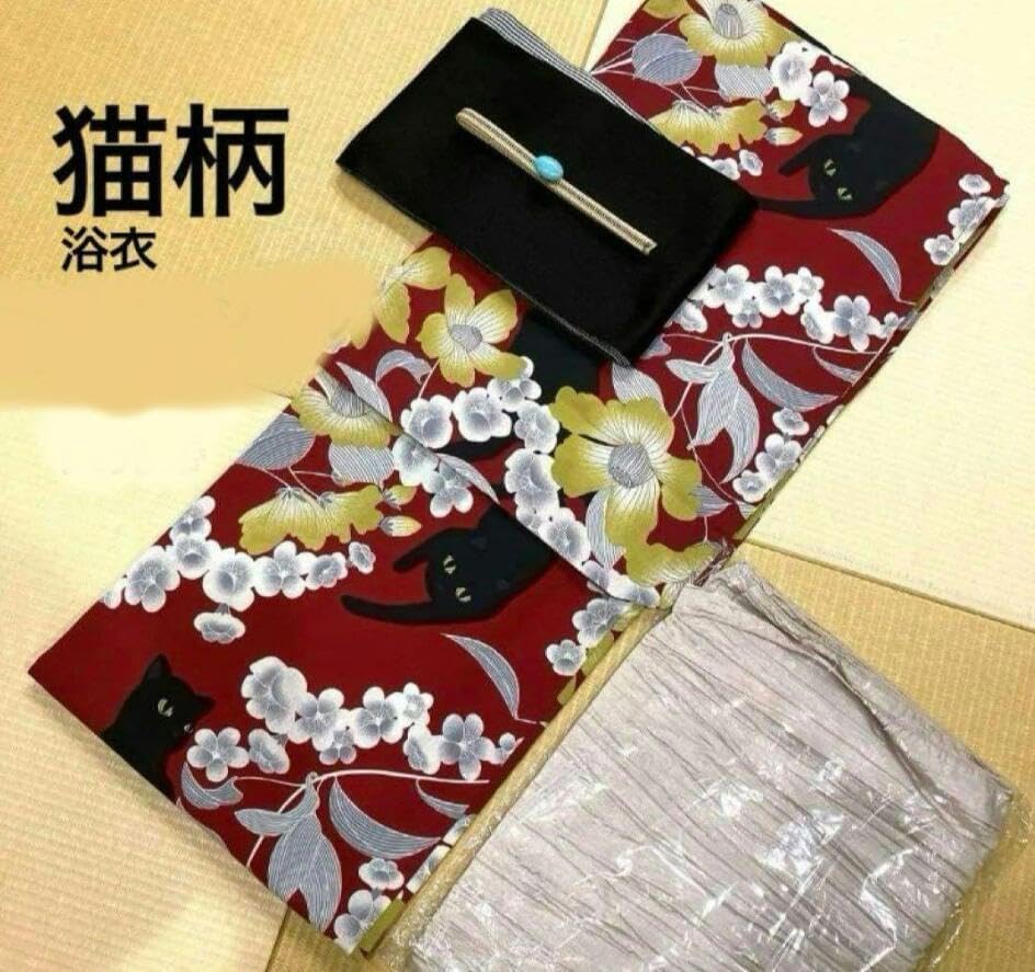 ■高級綿100％■黒猫のモダン浴衣■ネコ柄 呉服店購入新品未使用 黒猫紅赤レッド □高級綿100％□黒猫のモダン浴衣□ネコ柄 呉服店