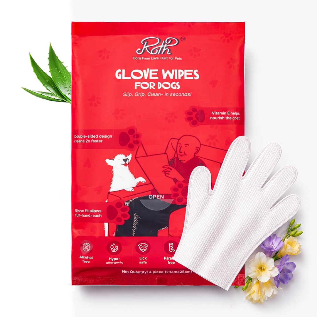 ROTH Dog Grooming Gloves Wipes | Disposable Pet Cleaning Gloves for Coat Care Between Baths | Aloe Vera & Vitamin E | Floral Fragrance | 4 pc-image-46