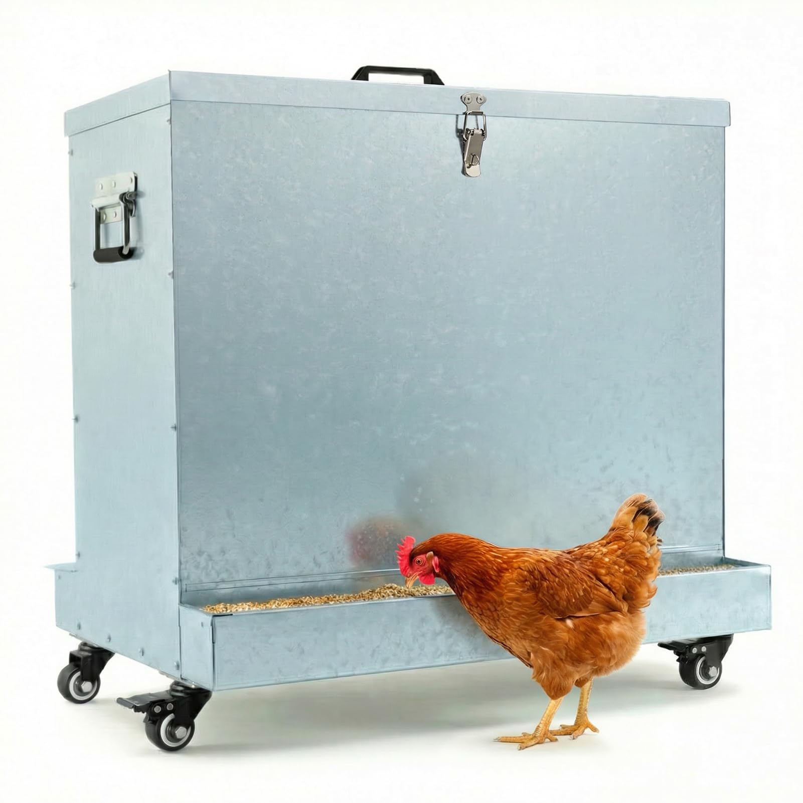 85lbs Metal Chicken Feeder on Wheels, Magicfly Automatic Large Chicken Feeders No Waste Feed Box Poultry Feeder with Latch and Handle, Oyster & Grit Trough for Ducks, Turkeys & Chickens