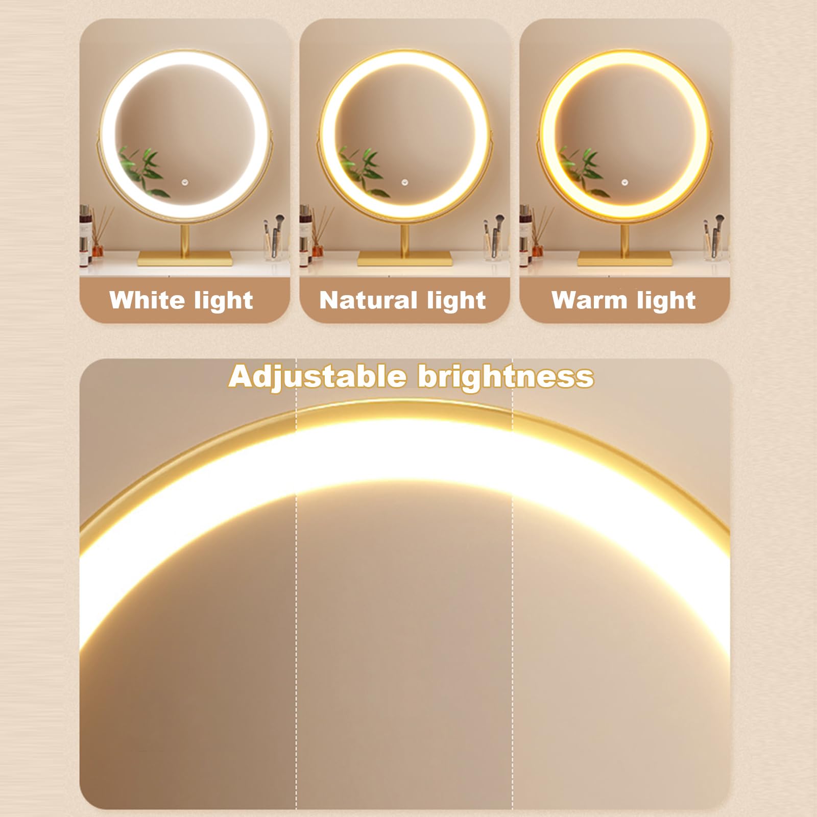Lusterko kosmetyczne z podświetleniem LED, okrągłe lusterko kosmetyczne z metalową ramą, 50 cm, trójkolorowe ściemnianie, inteligentne sterowanie dotykowe, idealne na biurko i do użytku wolnostojącego