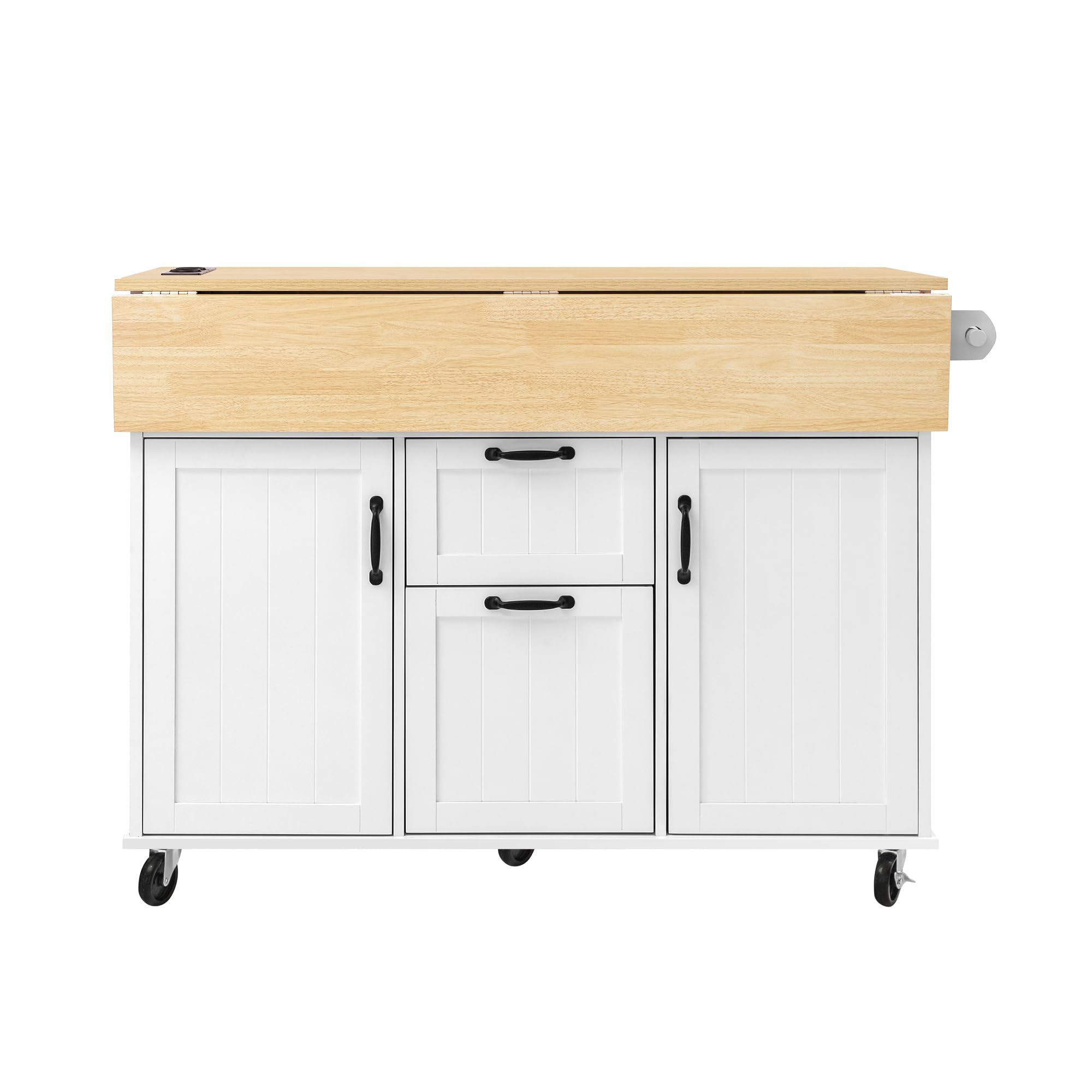 Isla de cocina con ruedas, mesa de comedor extensible, isla de cocina móvil con cajones y toallero, carrito de cocina móvil con regletas, ideal para cocina y comedor (blanco)