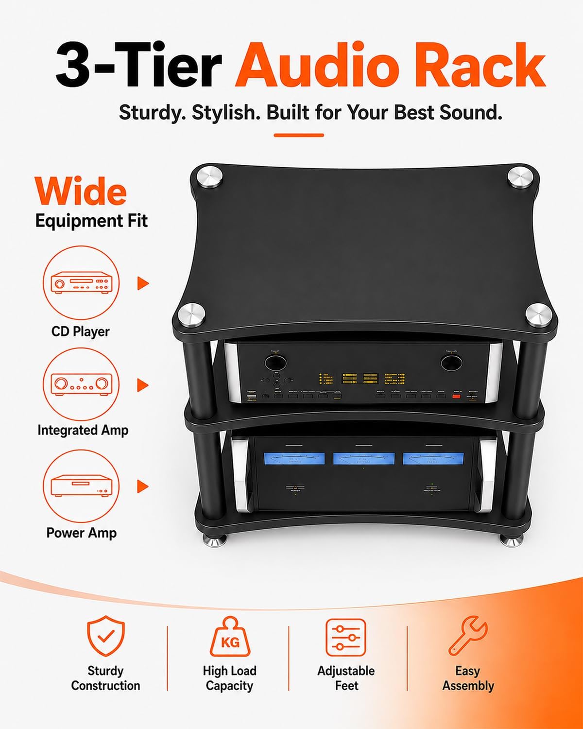 Heavy Duty 3-Tier AV Media Stand, 264 lb Load Capacity, Black | anti-vibration feet that help reduce resonance for clearer sound, open ventilation, cable management, Built for Hi-Fi systems