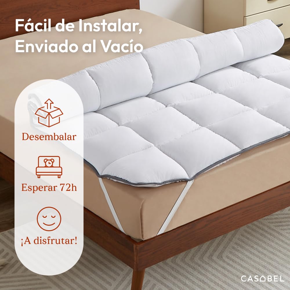 CASABEL Topper Colchón 90x190 cm, 600gsm, Extra Grueso y Suave Topper 90x190 con Microfibra Transpirable, Diseño Acolchado, 4 Correas Elásticas