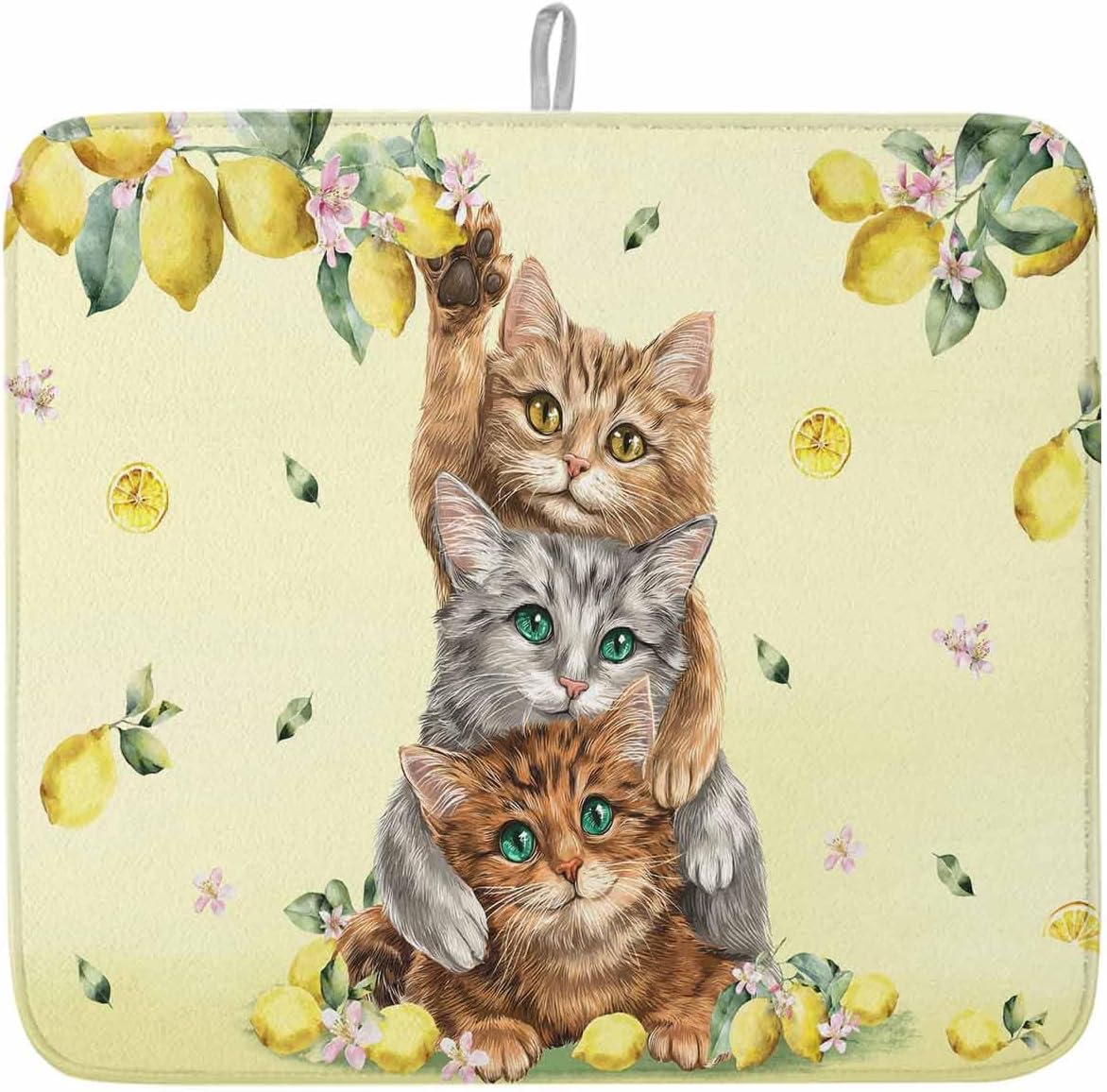 Dish Drying Mat 18 x 24 Inch, Lemons Cats Absorbent Microfiber Coffee Mats for Kitchen Summer Rustic Botanical Fruits Yellow Quick Drying Dish Drainer Pad 2 Pack