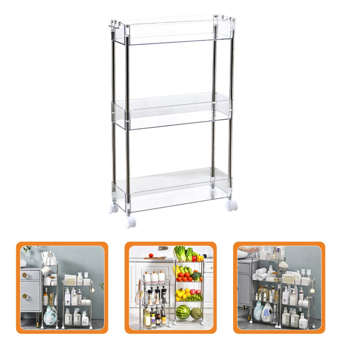 NUOBESTY Rolling cart organizer cucina a 3 livelli, PET trasparente, con ruote, scaffale salvaspazio per balcone