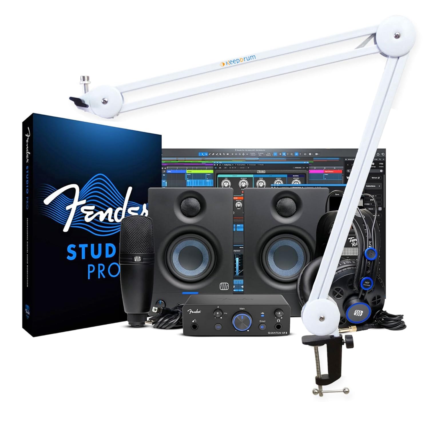 Fender Quantum Complete Bundle Recording Set con braccio articolato Keepdrum, bianco