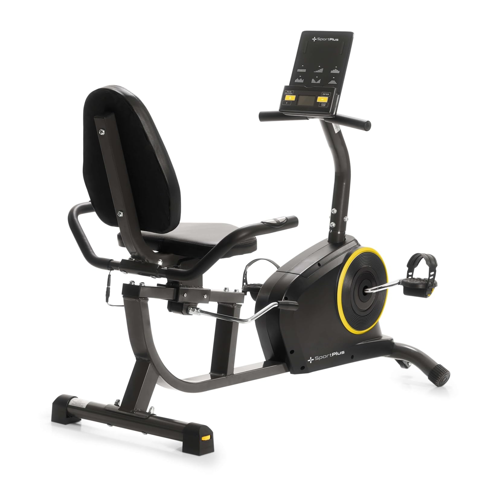 SportPlus | Modèle 2022 | Vélo d'appartement allongé avec compatibilité App, 24 niveaux & 6 programmes d'entraînement, avec écran & support pour tablette, max. 110 kg