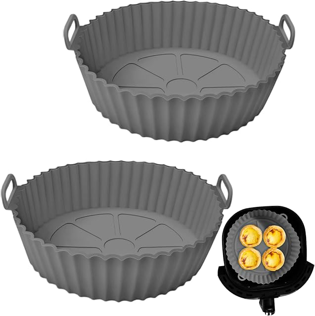 8 Inch Air Fryer Silicone Liners, CNMTCCO Round Air Fryer Silicone Pot, Air Fryer Accessories, Reusable Air Fryer Silicone Basket, Air Fryer Silicone Tray for Home Kitchen (Grey + Grey)